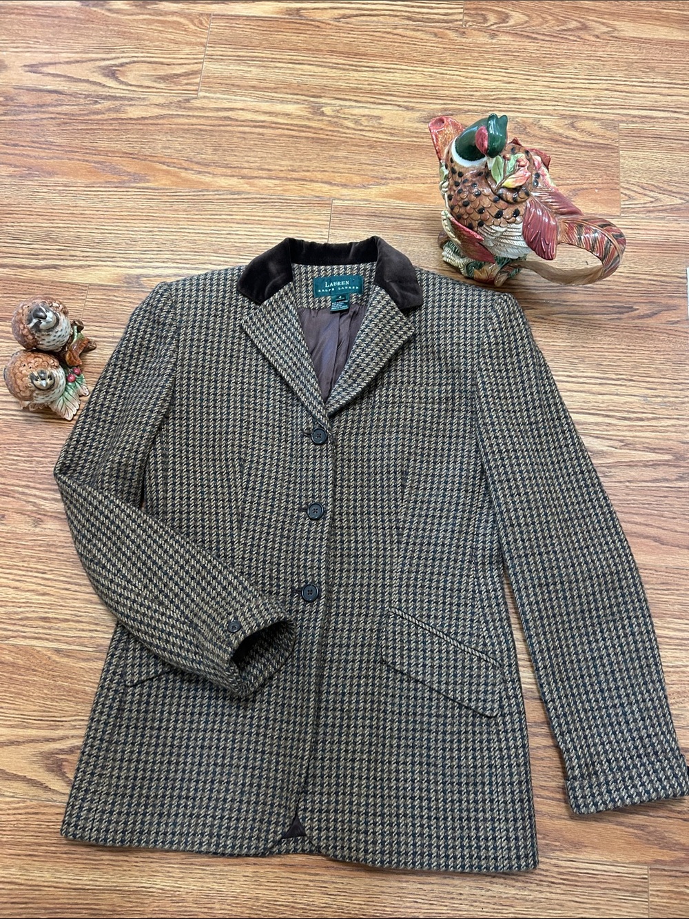 Lauren Ralph Lauren Brown Houndstooth Blazer with Dark Collar